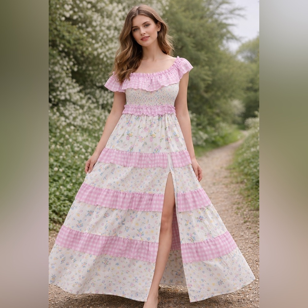 Miss Selfridge Pink Floral Ruffle Off-Shoulder Maxi Dress